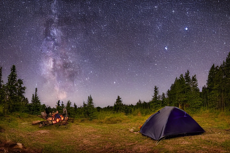 A black tent rests beside a quiet river under a starry, cloudy sky. In the center, a warm campfire glows among stones and logs on the dirt ground.
