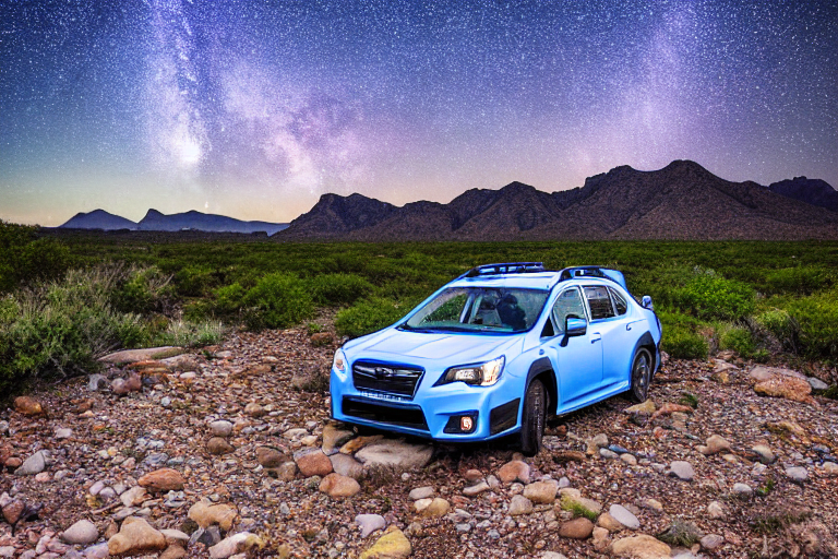 A blue Subaru with an open rooftop tent rests at a rocky campsite under a starry, cloudy sky. A small stream winds through the flowers, wild bushes, and scattered stones.