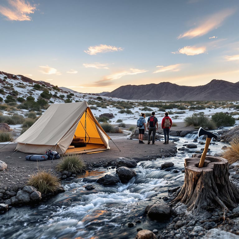 A cozy beige tent rests among the bright white sands as a small stream winds through camp. Golden light shines through the misty waterfall, while hikers explore nearby. An axe rests in a tree stump, adding a wild touch to the breezy scene.