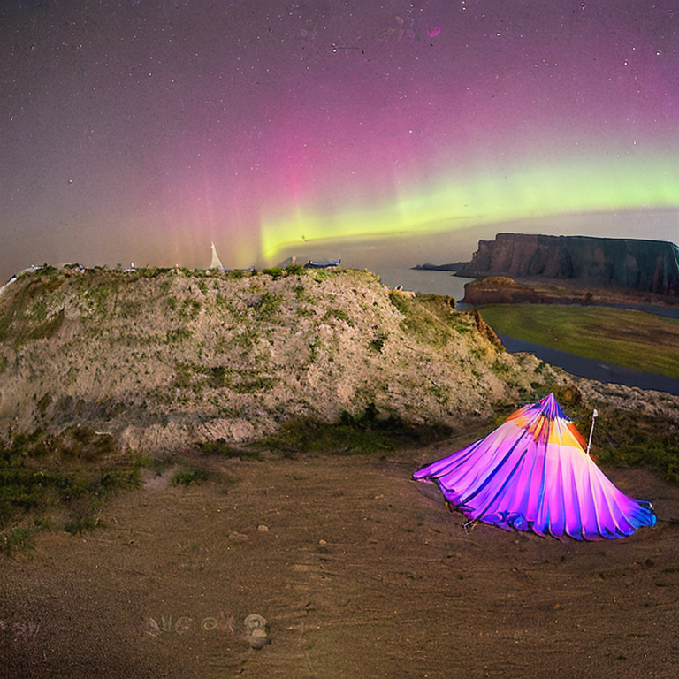 A colorful tent sits beside a warm campfire on a rainy patch of ground in Santorini. Tall grass, a dirt path, and nearby surfers add to the wild campsite feel. Above, bright green auroras glow across the dark night sky.