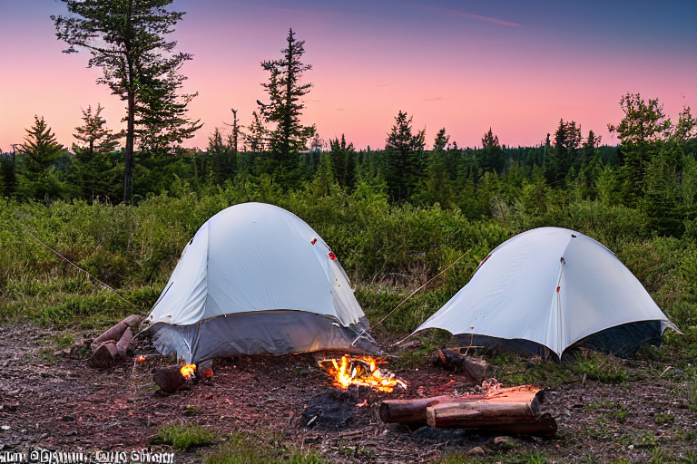 A white tent rests on a quiet paved campsite in Upstate New York. A warm campfire glows among a ring of stones as the sun sets, with camping gear and logs nearby.