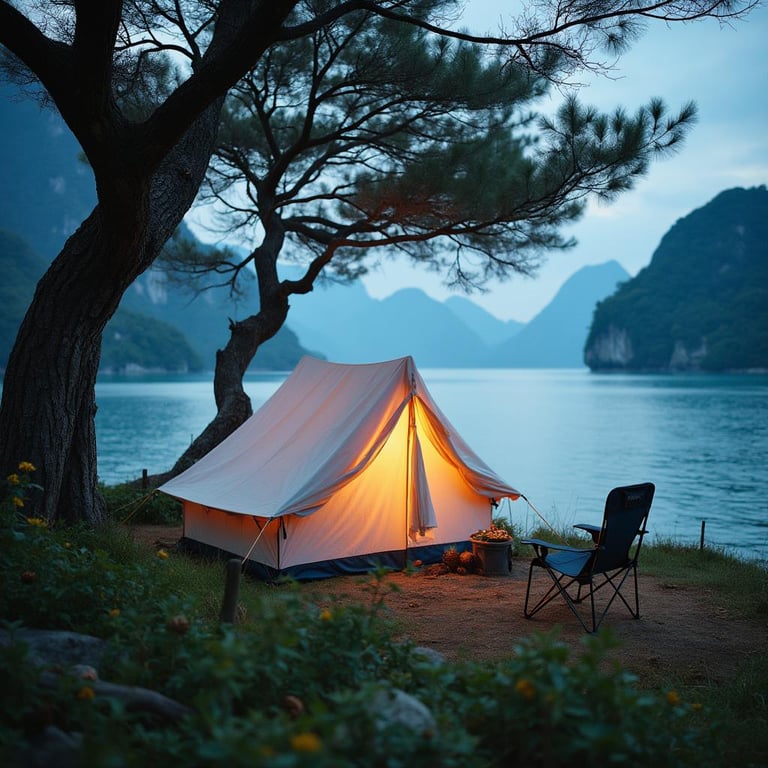 A white tree tent rests among pine cones beside the calm waters of Halong Bay. Tall mountains rise behind the campsite as storm clouds gather in the blue-hour light. Camping chairs make the cozy spot ready for a peaceful evening.