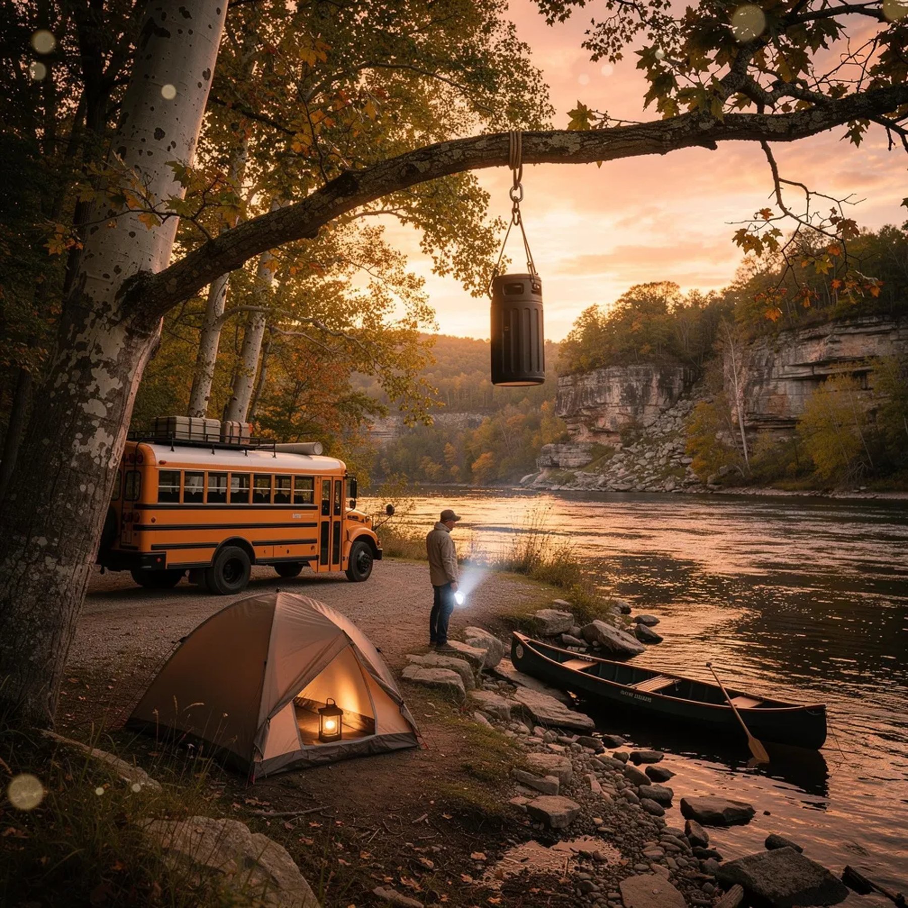 A calm river glows in the sunset beside a rocky bank and tall oak and sycamore trees. An old orange school bus and a cozy tent sit in a grassy clearing, with a canoe pulled up near the water. A lone camper shines a bright flashlight through the warm, hazy air, and a food canister hangs from a strong branch above.