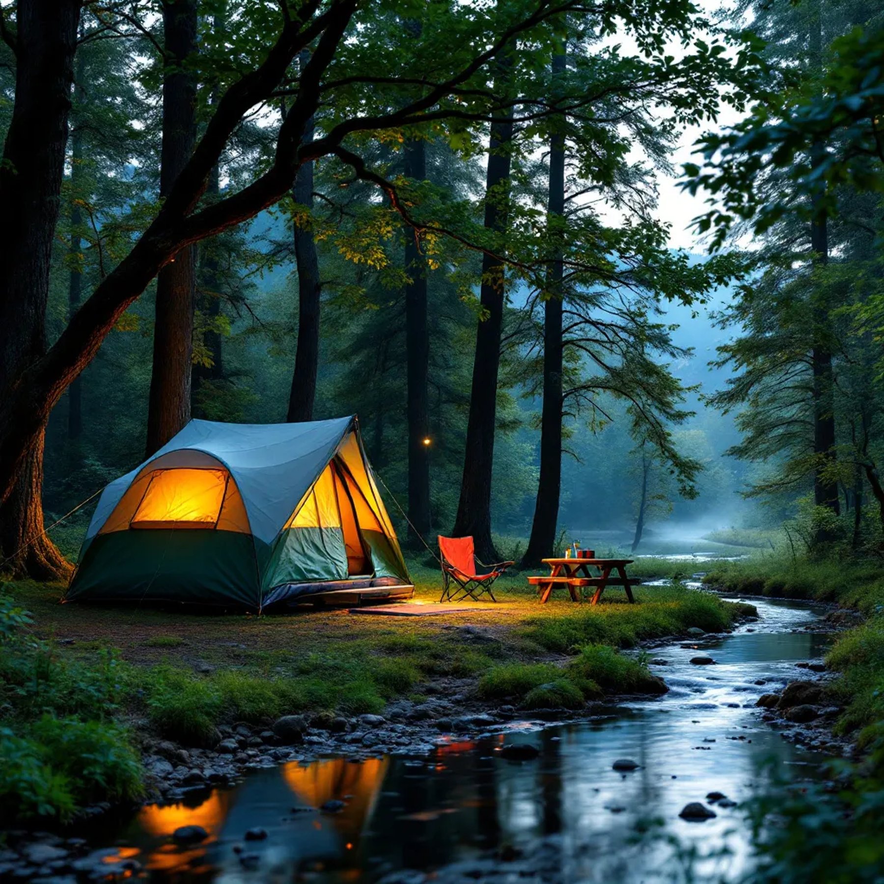 A green truck bed tent rests beside a babbling brook beneath tall trees. Soft sunrise light and glowing fireflies create a warm, peaceful mood, with a camping chair and picnic table nearby.