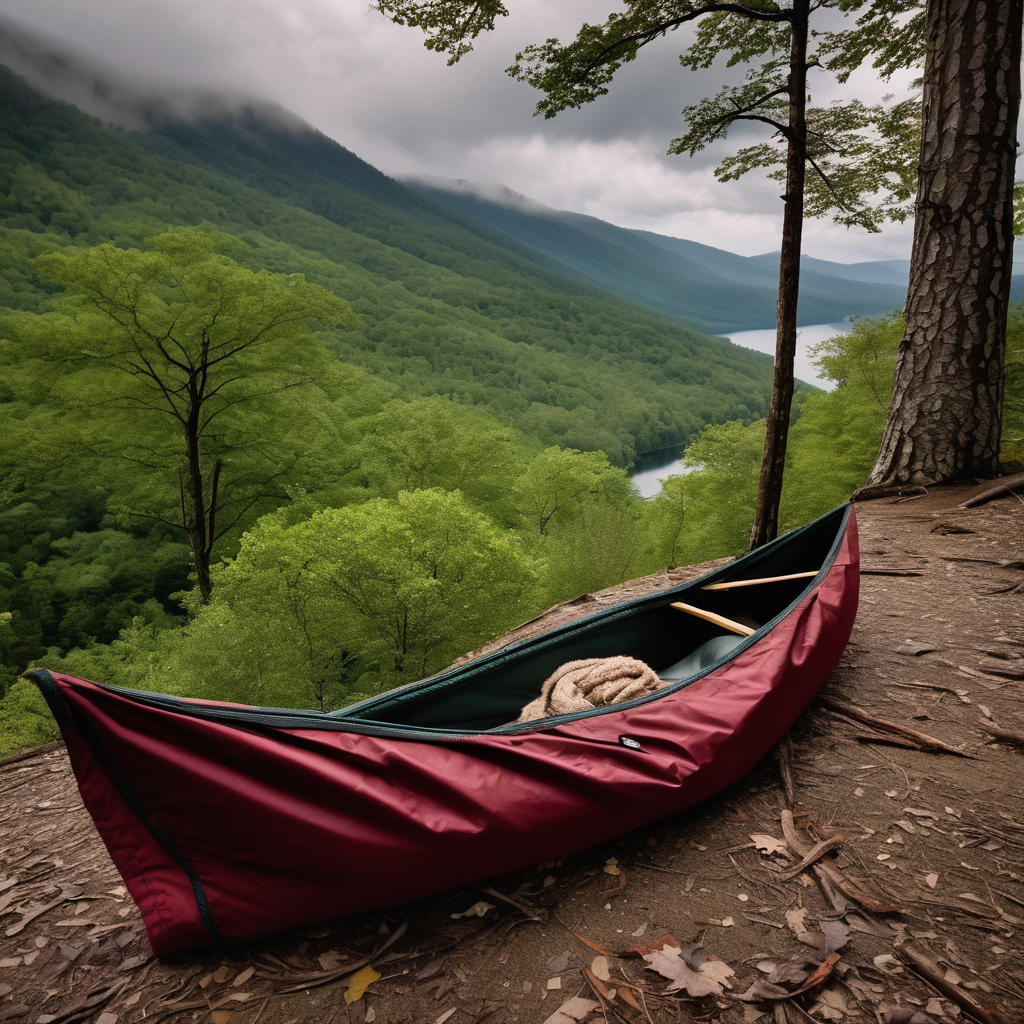 A burgundy bivy sack rests beside a quiet dirt trail in the Smoky Mountains. Tall trees surround the camp, with a mountain rising in the cloudy distance. Seen from a canoe near shore, the scene feels peaceful and wild.