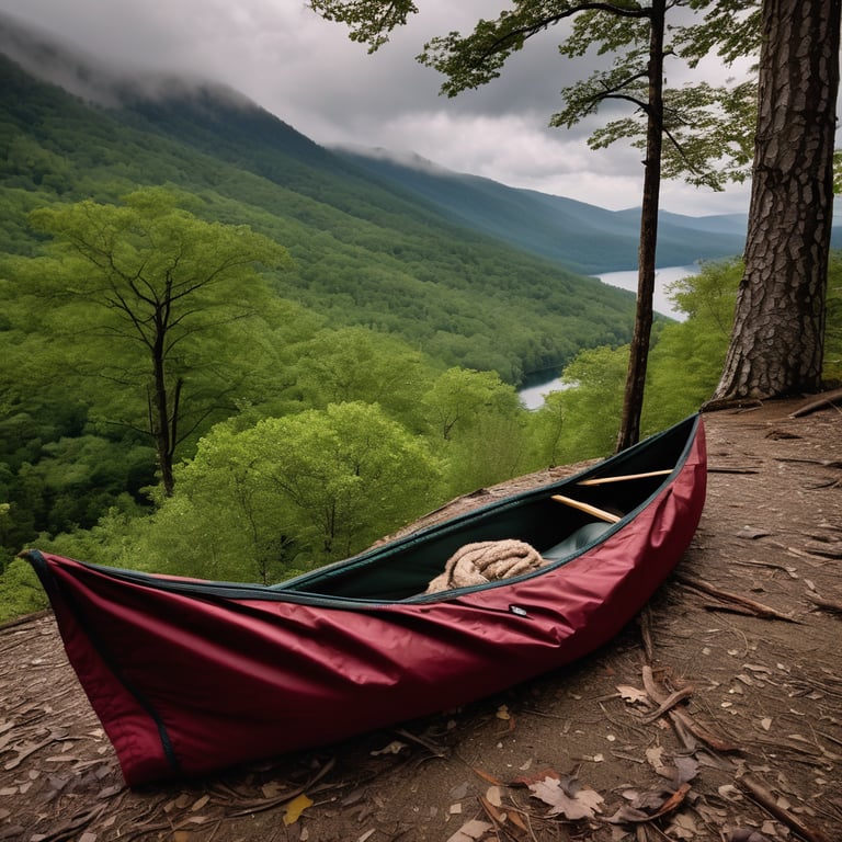 A burgundy bivy sack rests beside a quiet dirt trail in the Smoky Mountains. Tall trees surround the camp, with a mountain rising in the cloudy distance. Seen from a canoe near shore, the scene feels peaceful and wild.