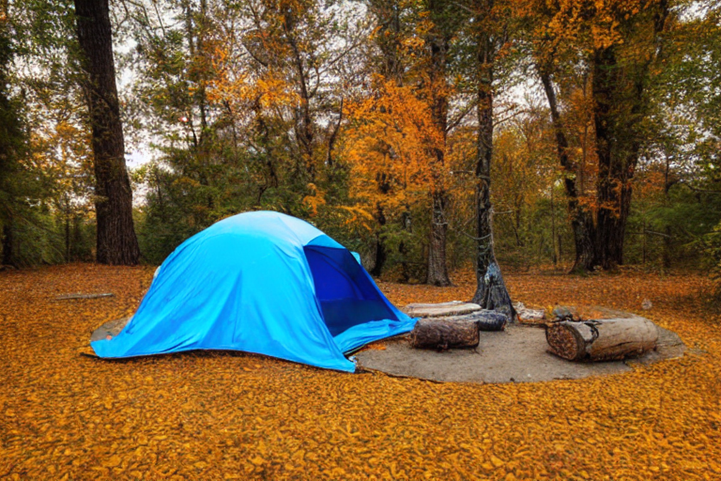 A blue tent rests beside a quiet river, surrounded by colorful fall trees and soft fog. A warm campfire glows on the gravel, while a hammock hangs between two trees nearby.