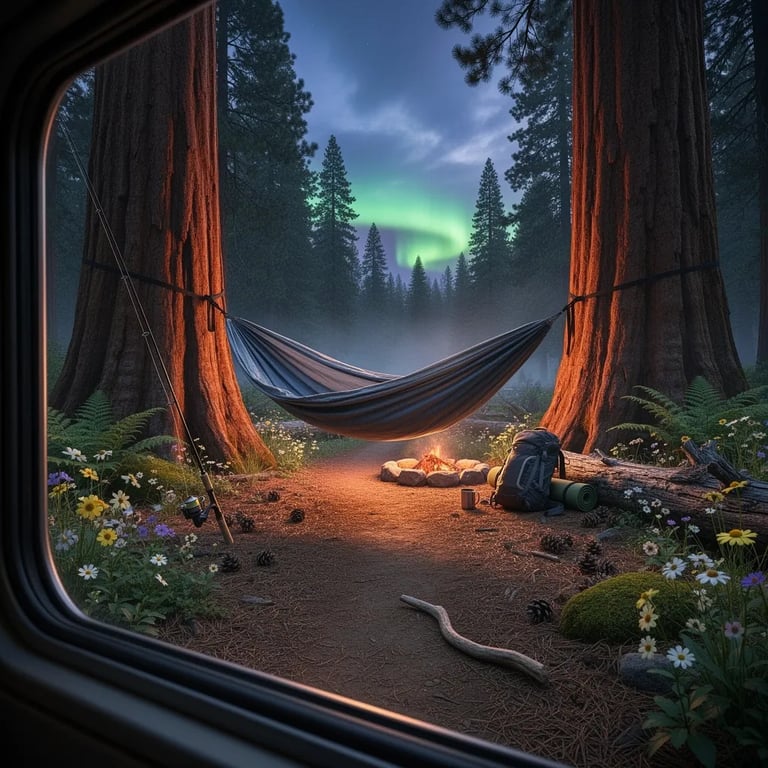 A quiet campsite rests under towering sequoia trees as the sky glows deep blue with hints of green light. A gray and blue hammock swings gently between the trunks, with a fishing rod leaning nearby. Wildflowers and soft pine needles cover the forest floor around a small fire ring and scattered camping gear.