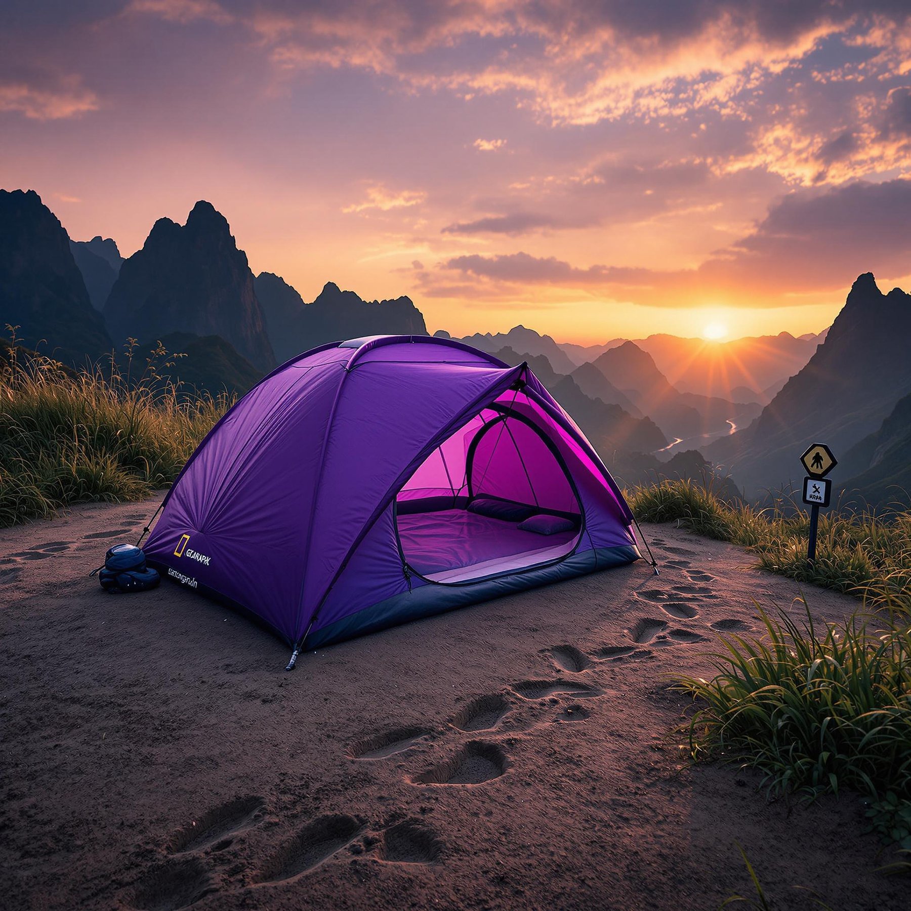 A bright purple tent rests in tall, overgrown grass beneath the dramatic cliffs of Zhangjiajie. Animal tracks lead past a small trail marker as sunset light glows under a stormy sky.
