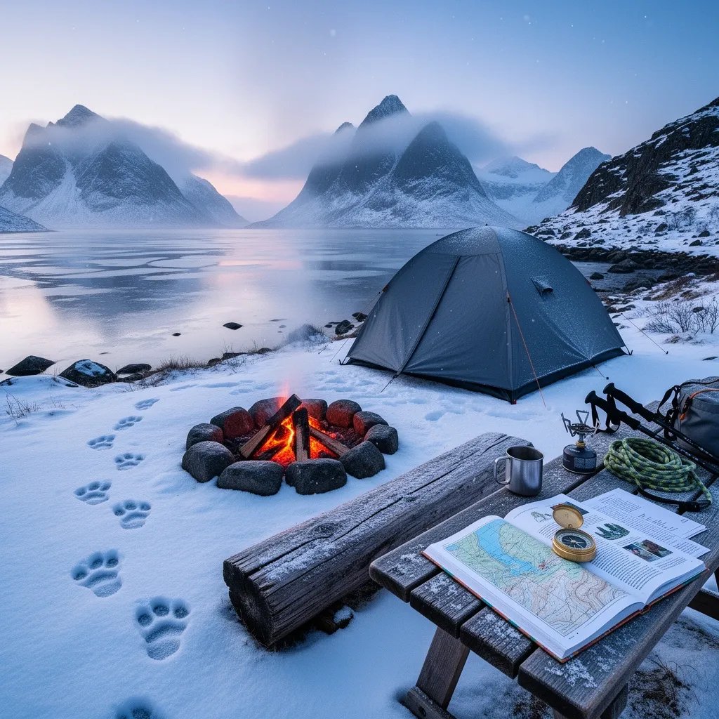 A small grey tent sits by a calm, icy lake, with tall misty mountains rising in the distance. Soft snow falls on the rocky ground, where animal tracks lead toward the water. A quiet campfire spot, a wooden log bench, and a table with a map and compass make it feel like a secret explorer’s base. The cold blue morning light and warm fire glow make the campsite feel peaceful and cozy.