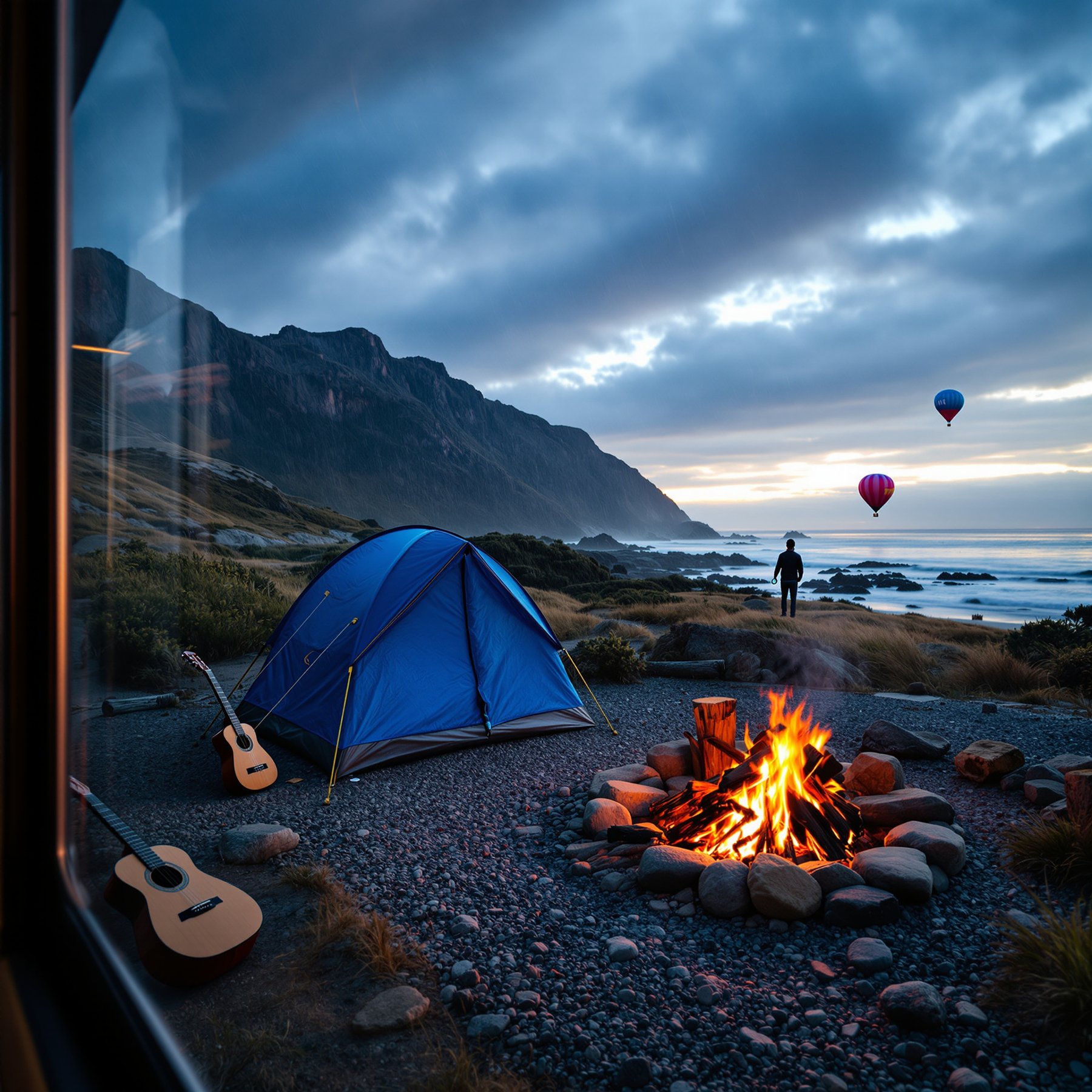 This campsite sits by the ocean, surrounded by tall mountains and colorful hot air balloons in the sky. A cozy campfire glows beside a blue tent and two guitars, ready for songs under the stars. The whole scene feels peaceful and full of adventure.