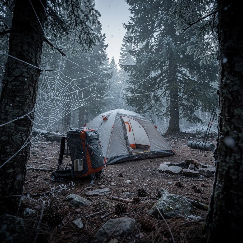 A grey-and-orange tent sits in a quiet clearing, surrounded by tall evergreen trees. The ground is rocky and covered with pine needles, with a touch of frost and tiny snowflakes drifting by. A backpack rests near the tent, and a thin spider web shines between two tree trunks in the dim blue morning light.
