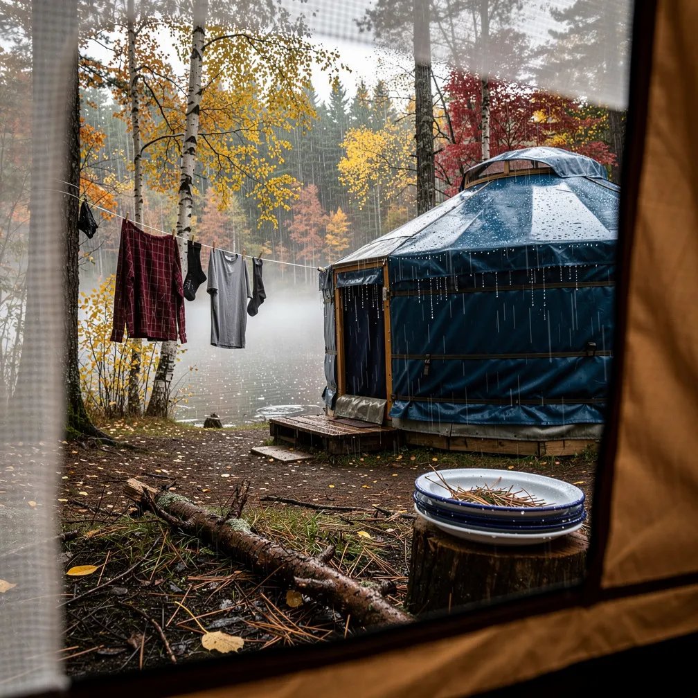 A steel-blue yurt sits by a quiet lakeside in a damp autumn forest. Light rain falls under a gray sky, and the birch and maple trees glow with soft fall colors. A clothesline with wet clothes hangs nearby, and shiny enamel plates are stacked on a stump by the door. The whole place feels calm, cool, and cozy.