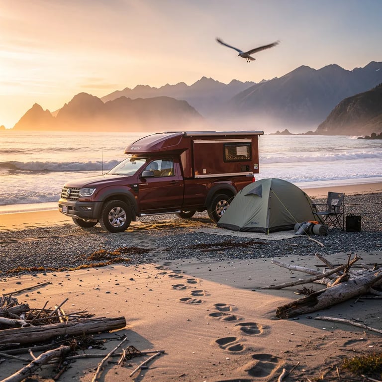 A plum truck camper and a small tent sit on a quiet beach as the sun sets in warm golden light. Gentle waves roll in, and soft sea mist floats toward dark, rugged mountains across the bay. Driftwood and tiny animal tracks dot the damp sand, while a lone seabird glides overhead.