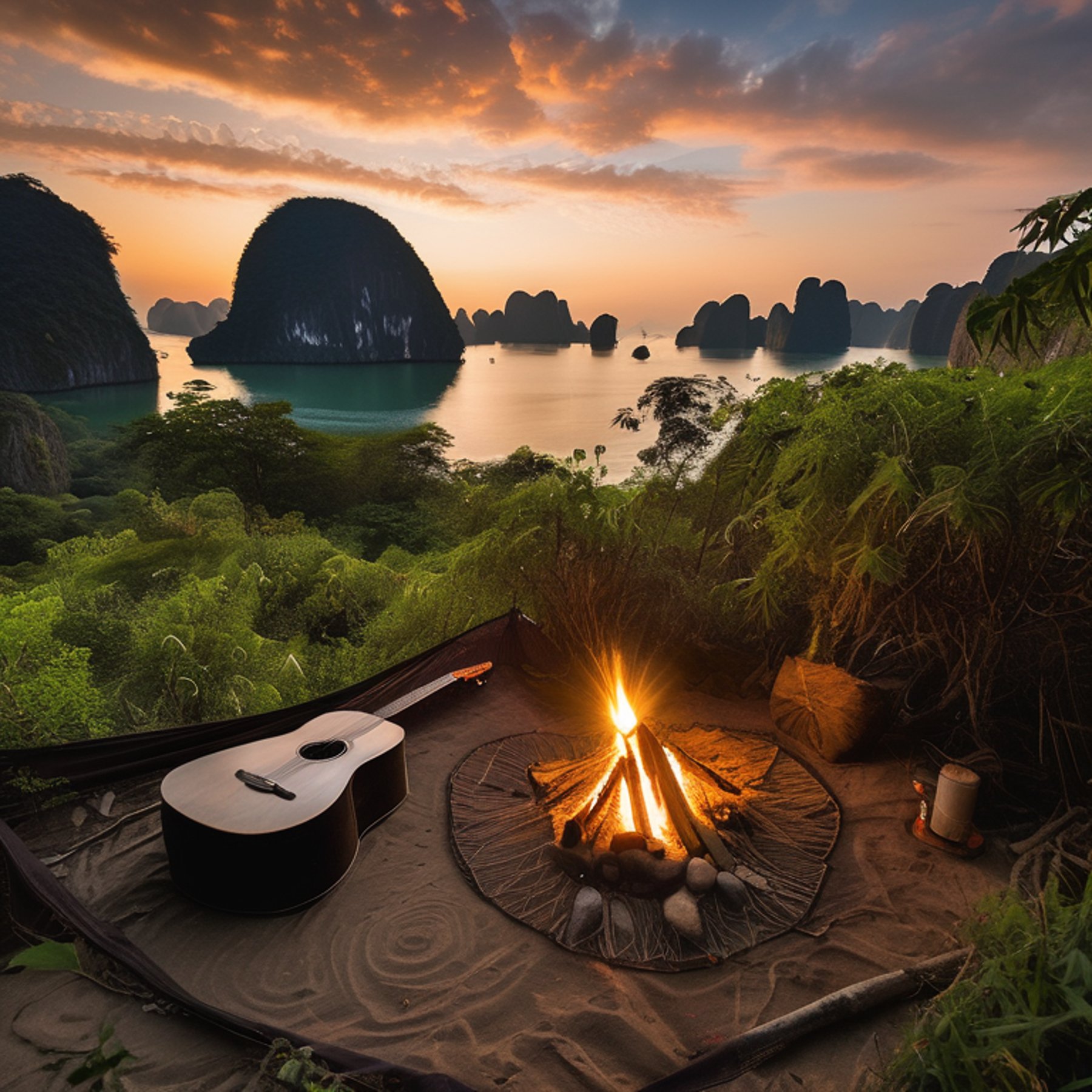 A green camo tent rests beside a warm campfire under a star-filled sky in Halong Bay. Tall trees, wild grass, and large rocks surround the cozy campsite, while a wooden guitar lies nearby.