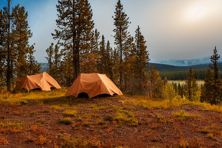 A brown tent rests on a rough dirt patch in Yellowstone National Park. Fall-colored trees, berry bushes, and a cozy hammock surround the campsite. Soft fog gives the peaceful scene a cool, quiet feel.