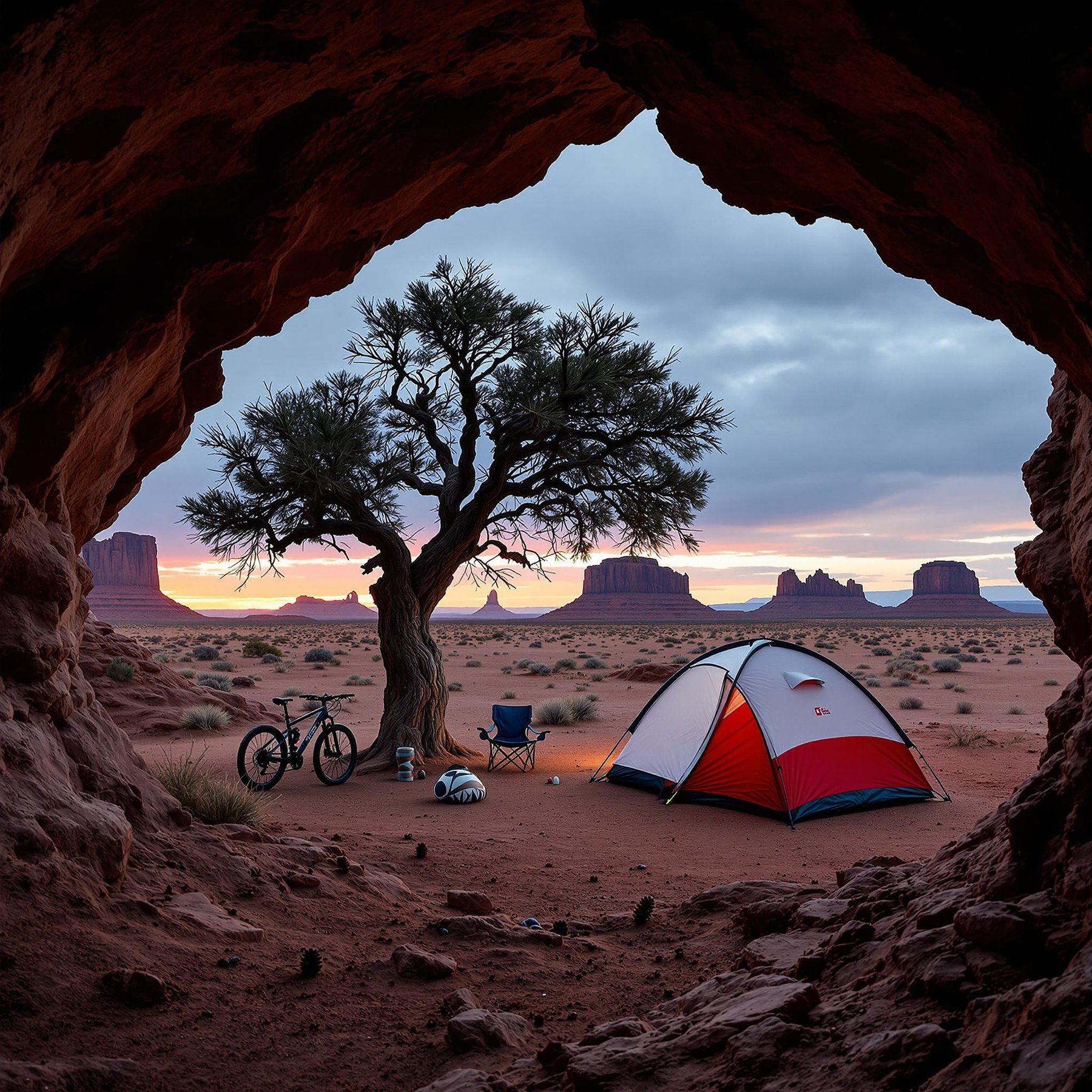Nestled under a wide, open sky, this cozy campsite sits in a stunning desert landscape with towering red rock formations. A colorful tent and a lone tree add charm, while a bike awaits adventure on the sandy trails. As the sun sets, the air feels calm and magical, perfect for an evening story by the fire.