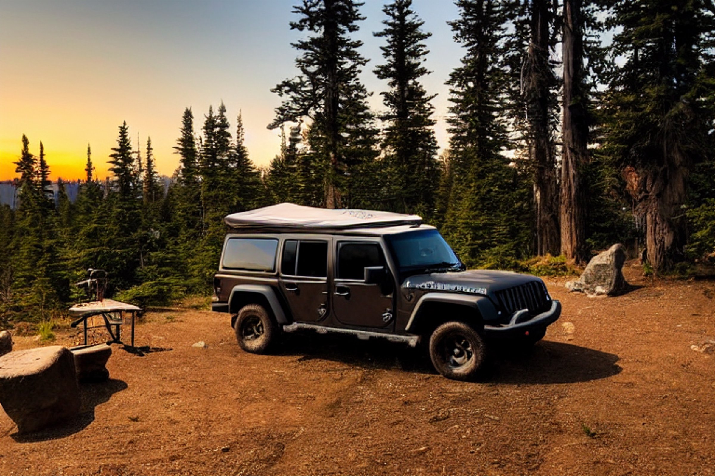 A black Jeep with a rooftop tent rests in a quiet campsite beneath the warm sunset sky. Small trees and large stone slabs surround a crackling campfire, while a distant camper shines a flashlight nearby.