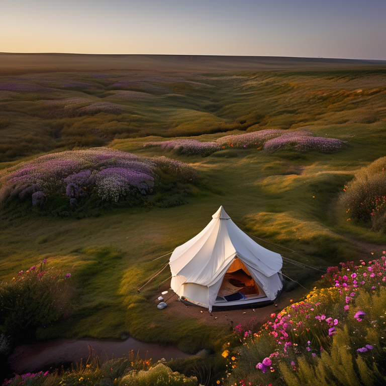 A white tent rests on a sunny dirt campsite beside a sparkling creek. Wildflowers bloom around a large rock, while surfers enjoy the water nearby. Sunrise light gives the peaceful scene a warm glow.