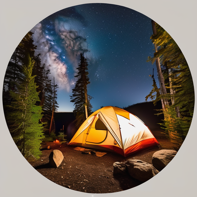 A cozy tent rests on a quiet dirt patch in the Alaskan wilderness. Bushes and stones surround the campsite, while a warm campfire glows beside a backpack under a sky full of stars.