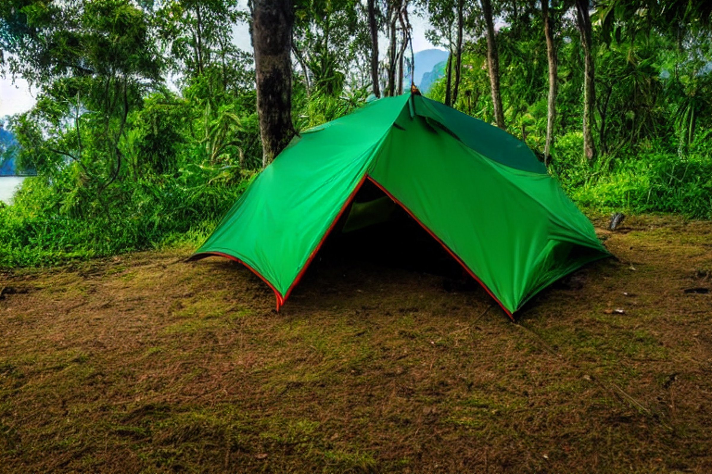 A green two-person tent rests on a quiet paved campsite in Halong Bay, Vietnam. Tall grass and leafy trees surround a sunny dirt patch, while hikers explore nearby under a clear blue sky.