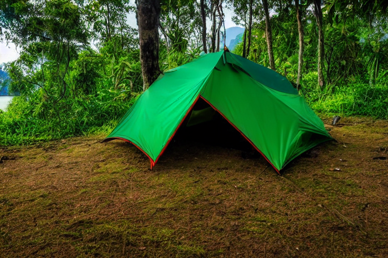 A green two-person tent rests on a quiet paved campsite in Halong Bay, Vietnam. Tall grass and leafy trees surround a sunny dirt patch, while hikers explore nearby under a clear blue sky.
