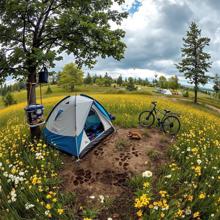 A cozy tent sits under a big tree in a colorful field of yellow and white flowers. A bicycle rests nearby, ready for adventure, while fluffy clouds float across the bright sky. This peaceful campsite is perfect for enjoying nature and spotting hot air balloons soaring high.