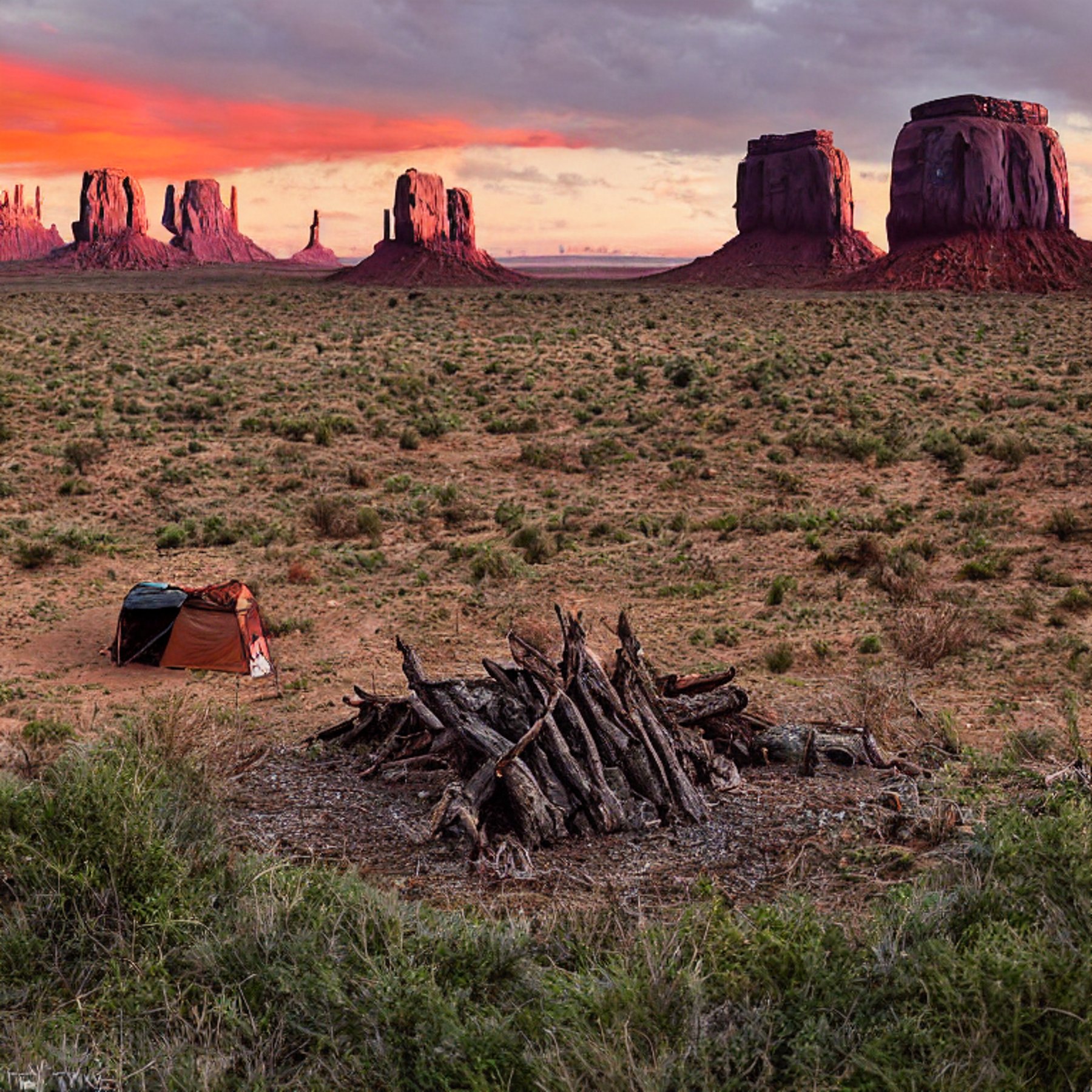 A black tent rests on a rocky dirt campsite beneath the tall cliffs of Monument Valley. A small campfire glows in the center as storm clouds gather at sunset. A deer stands far away near a large red rock.