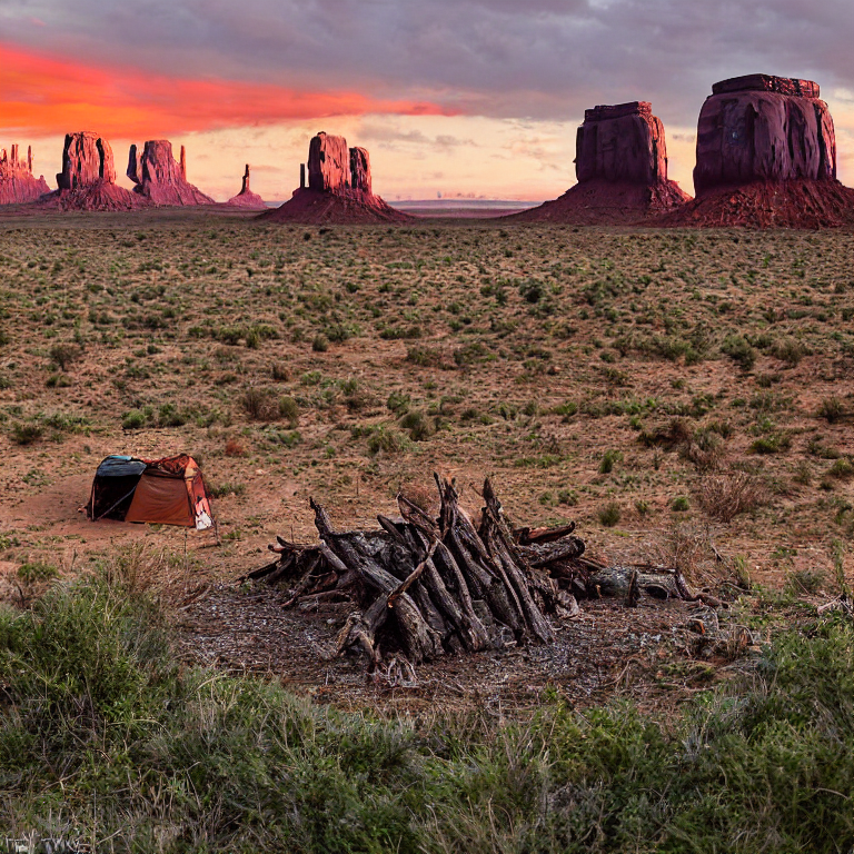A black tent rests on a rocky dirt campsite beneath the tall cliffs of Monument Valley. A small campfire glows in the center as storm clouds gather at sunset. A deer stands far away near a large red rock.