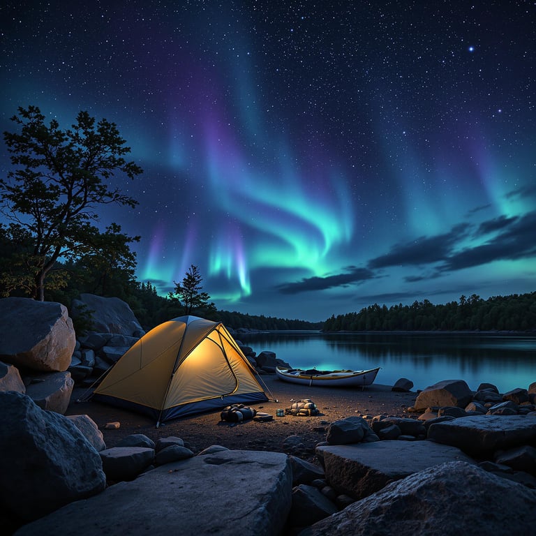 Under a starlit sky, a cozy tent glows beside a calm lake, with dancing northern lights painting the night. Smooth rocks and a quiet canoe add to the peaceful scene. It's a magical, dreamlike getaway in nature's embrace.