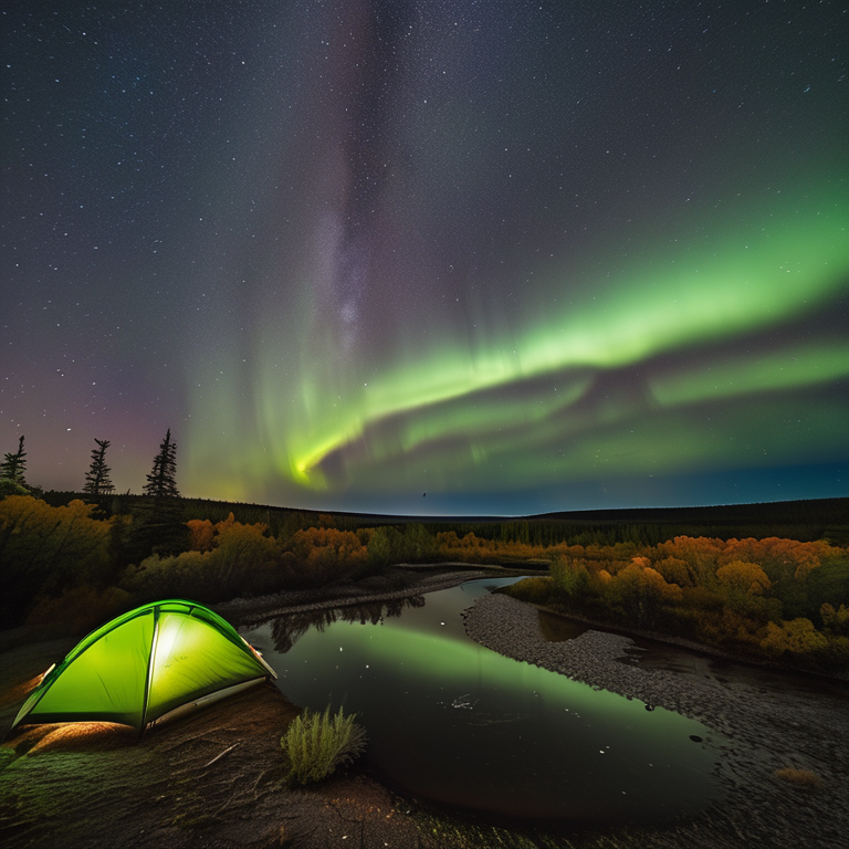 An orange tent rests on a quiet dirt campsite in an overgrown forest. A small stream winds through the rough ground while hikers enjoy the cool night air. Above them, bright green auroras glow through the cloudy sky.