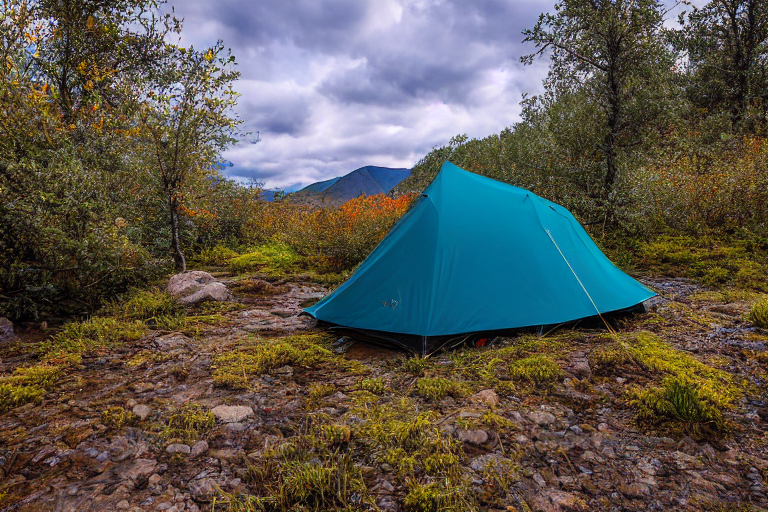 A teal tent rests beside a clear, winding stream in a peaceful mountain valley. Tall grass, berry bushes, and bright fall trees surround the dirt campsite under a sky full of stars.