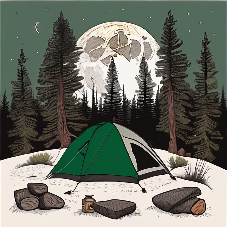 A green tent rests on a paved campsite beneath a star-filled sky and bright moon. Snowy grass surrounds a warm campfire ringed with stones, while a distant camper shines a flashlight. The Grand Canyon stretches quietly beyond the trees.