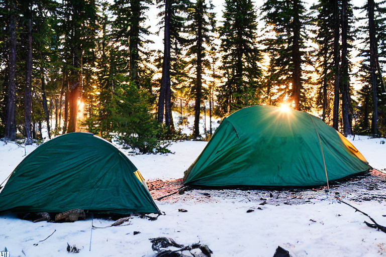 A forest-green tent rests on a snowy dirt clearing in Isle Royale National Park. A warm campfire glows nearby, with a backpack and wooden guitar beside it. Tall trees and a pale sky create a peaceful golden-hour campsite.