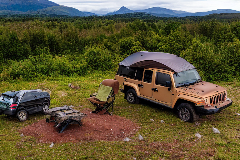 A brown Jeep with its rooftop tent open rests at a sunny campsite beside a calm lake. Tall grass, rocky ground, and a dirt patch give the area a wild, peaceful feel. Camping gear sits nearby, ready for adventure.