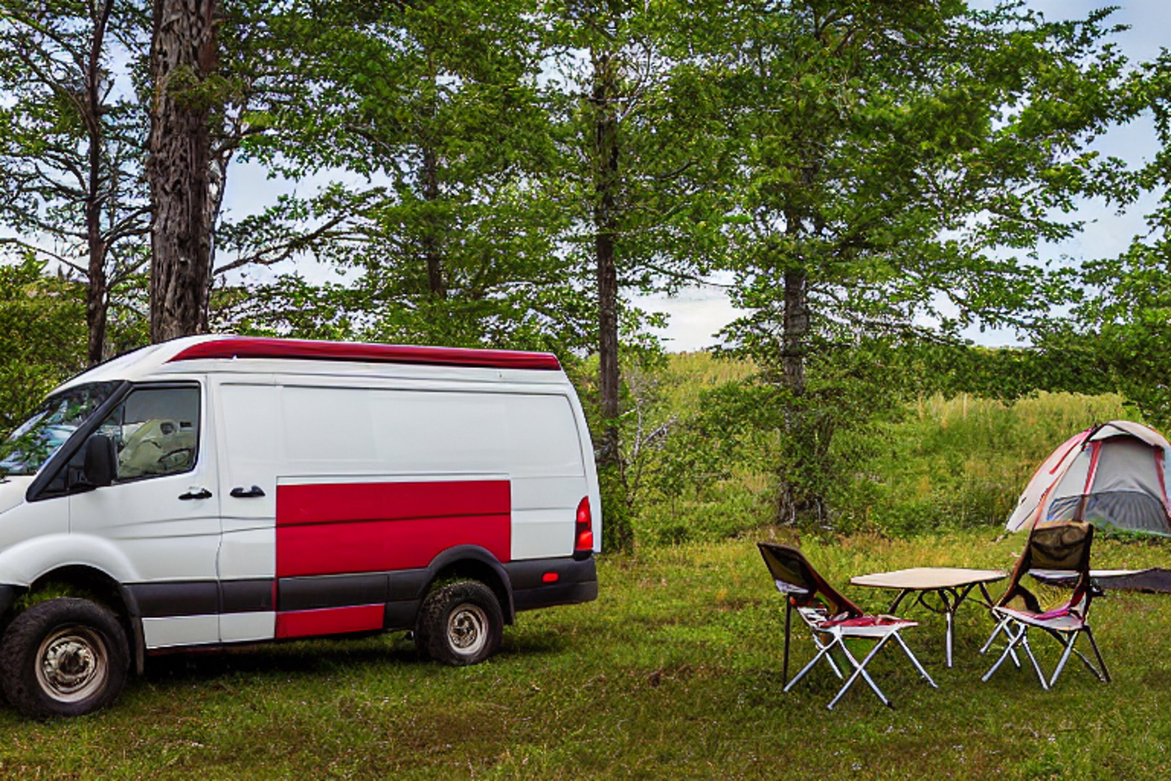 A red-and-white camper van rests beside a warm campfire in a grassy clearing. Camping chairs and a hammock invite you to relax as dusk settles over the rolling hills of Isle Royale. The clear sky and quiet woods create a peaceful evening.