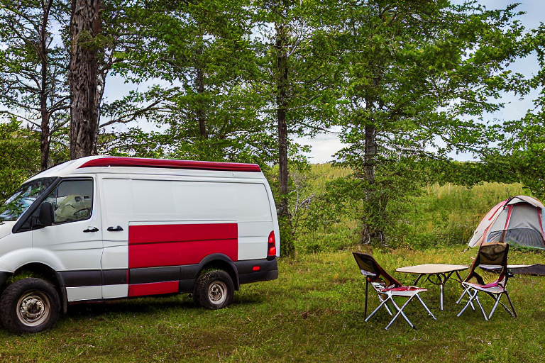 A red-and-white camper van rests beside a warm campfire in a grassy clearing. Camping chairs and a hammock invite you to relax as dusk settles over the rolling hills of Isle Royale. The clear sky and quiet woods create a peaceful evening.