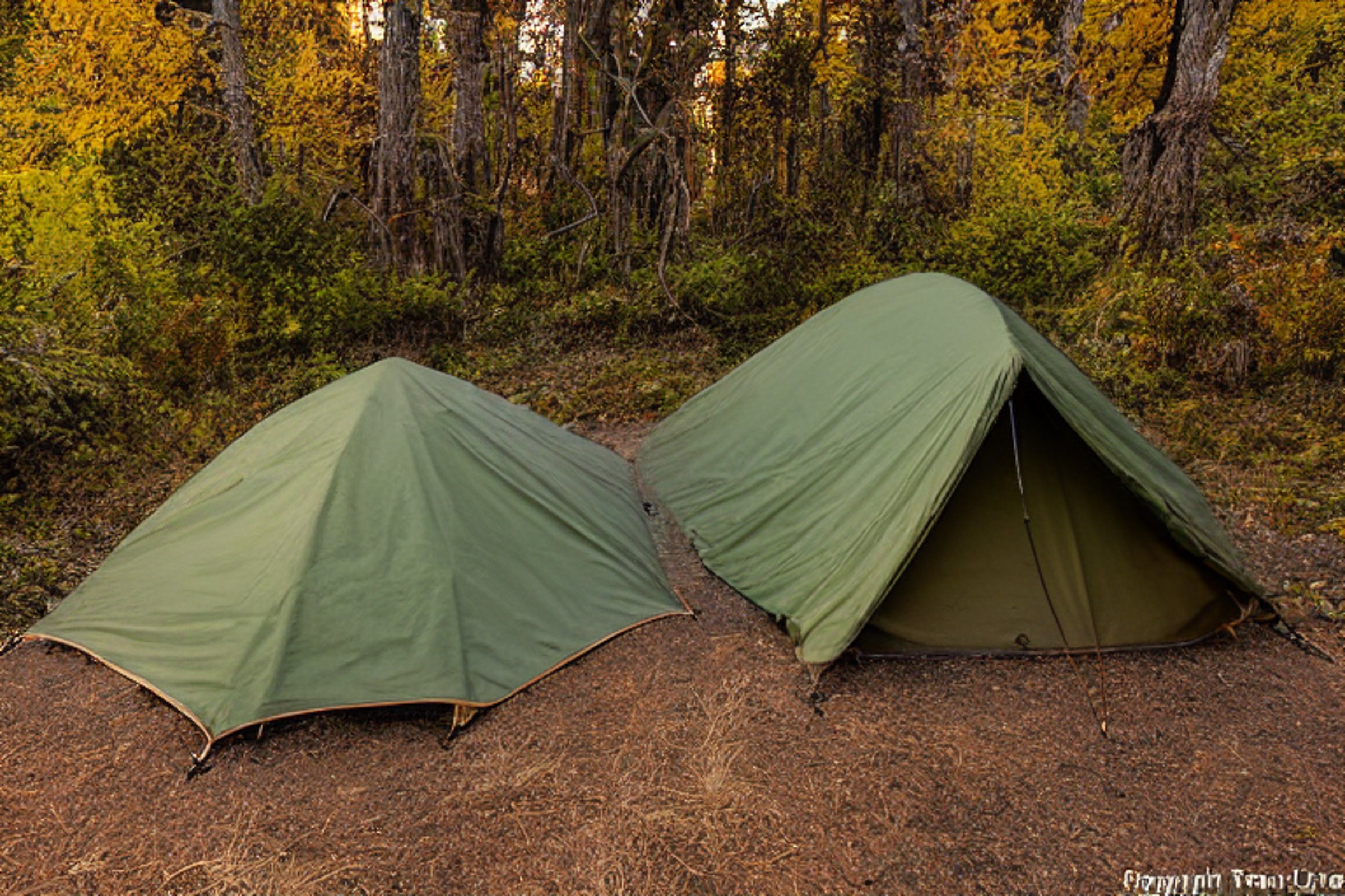 A green and tan tent rests beside a small stream at a California coastal campsite. Fog drifts through the fall-colored trees, while hikers enjoy the quiet, cool evening.