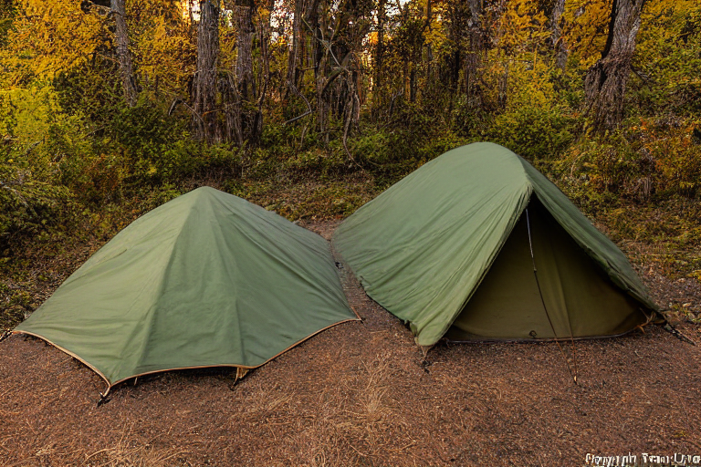 A green and tan tent rests beside a small stream at a California coastal campsite. Fog drifts through the fall-colored trees, while hikers enjoy the quiet, cool evening.