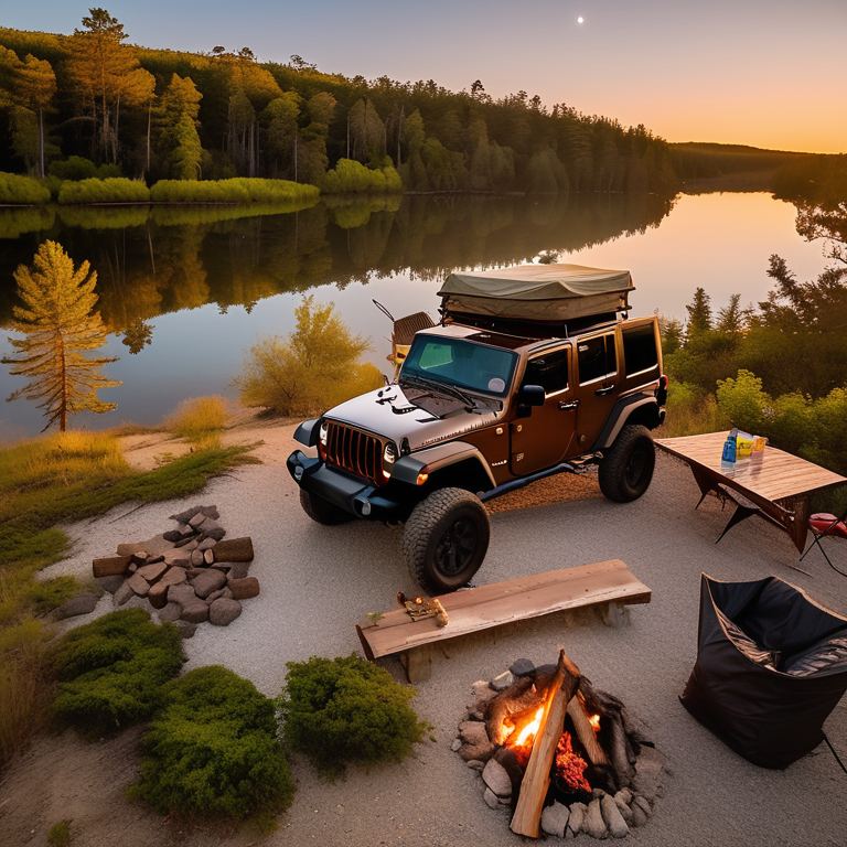 A brown Jeep with a rooftop tent rests in a peaceful forest campsite. Warm golden light shines through mossy trees, with a picnic table and a crackling campfire nearby. Gravel and dirt surround the cozy camp under a clear sky.