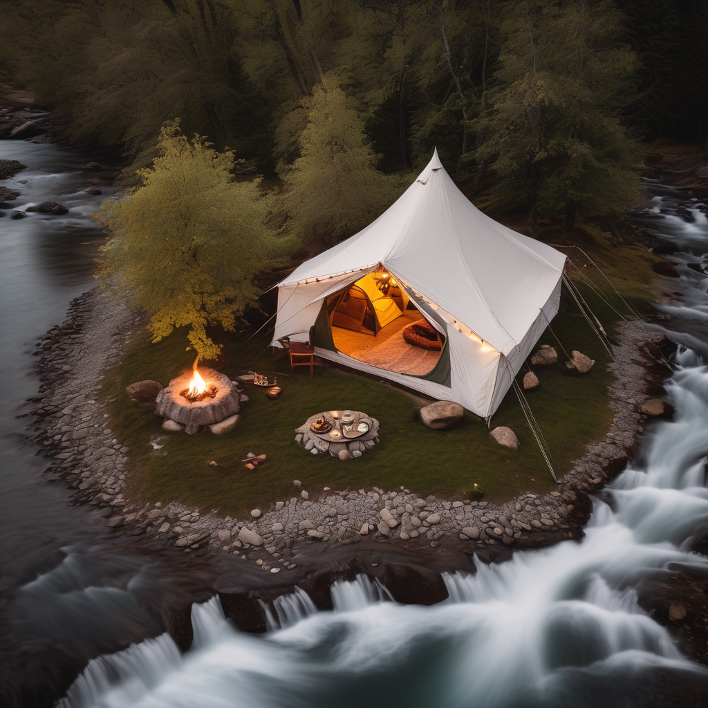 A white tent rests beside a rushing river as dusk settles over the mountains. Mossy trees, smooth stones, and a curious squirrel bring the campsite to life, while the full moon casts a soft glow.