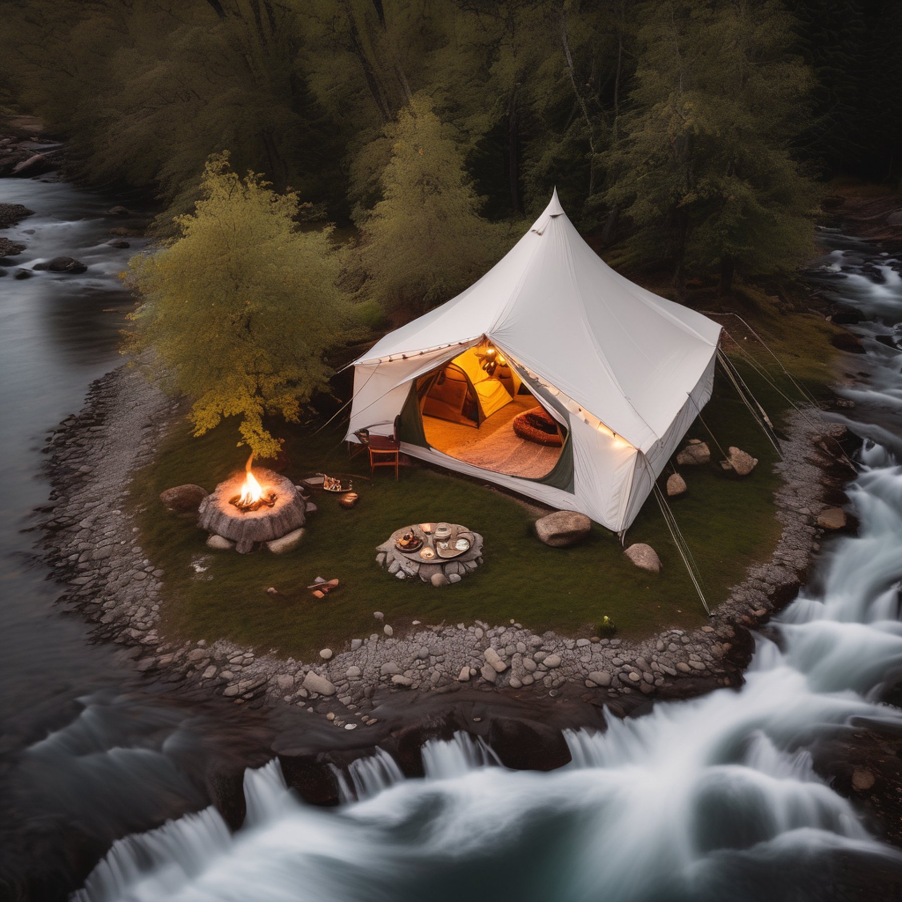 A white tent rests beside a rushing river as dusk settles over the mountains. Mossy trees, smooth stones, and a curious squirrel bring the campsite to life, while the full moon casts a soft glow.