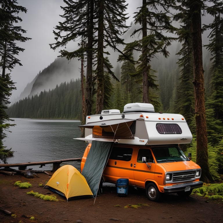 A gray and orange pop-up camper rests beneath tall trees in Olympic National Park. Misty mountains rise in the distance under a cloudy sky. A fishing rod and warm lanterns add a cozy touch to the quiet campsite below the bridge.