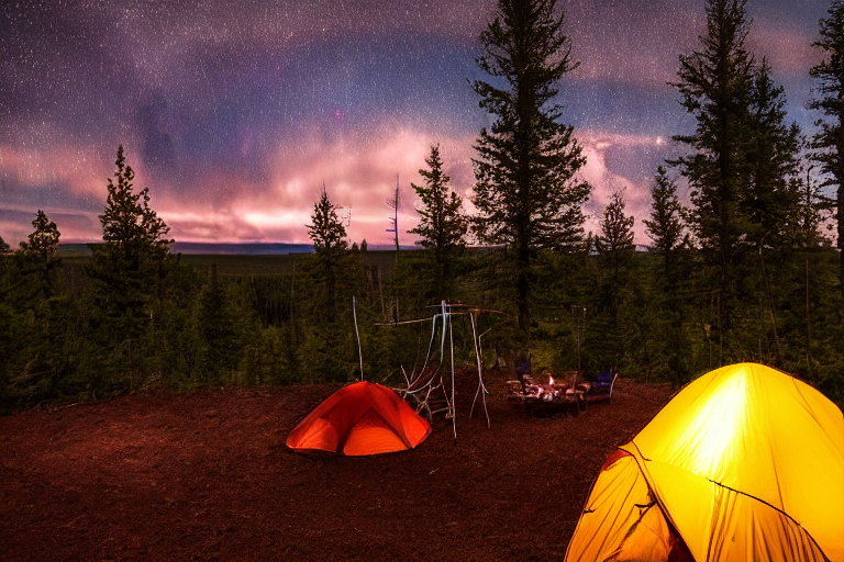 A colorful tent sits on a quiet dirt campsite beneath a stormy sunset sky. Camping chairs rest nearby, while a hammock hangs between the trees. A winding hiking path leads through the peaceful Montana landscape.