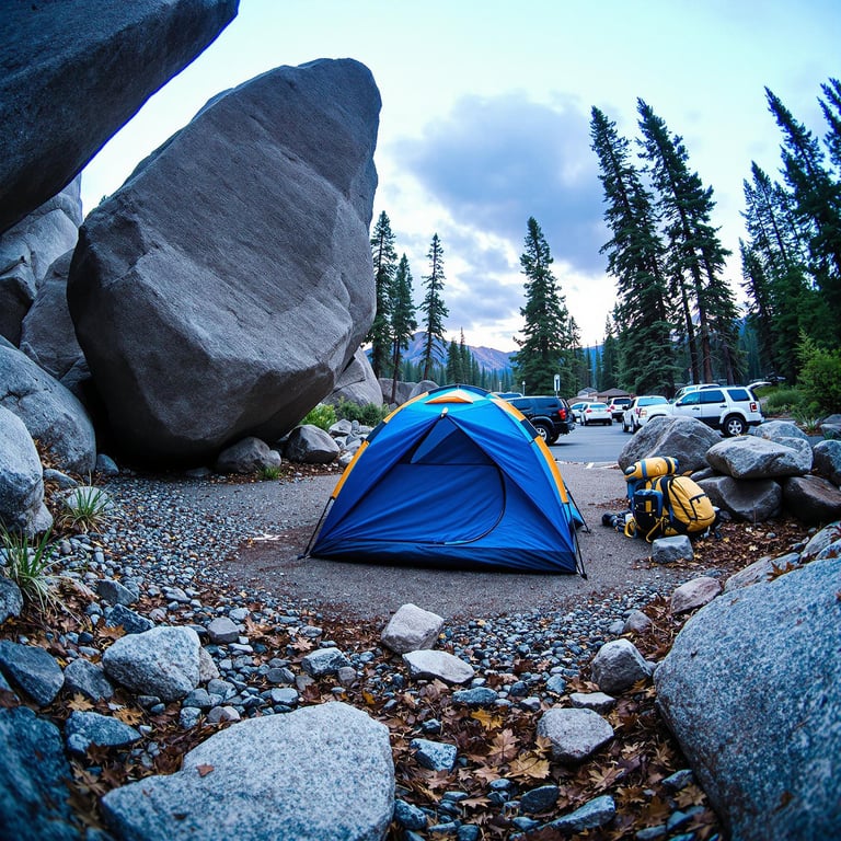 A blue tent rests beside Lake Tahoe, surrounded by rocky gravel and a large stone. A backpack lies nearby, while ancient petroglyphs mark the rocks. The damp air and wide fish-eye view give the campsite a wild, peaceful feel.