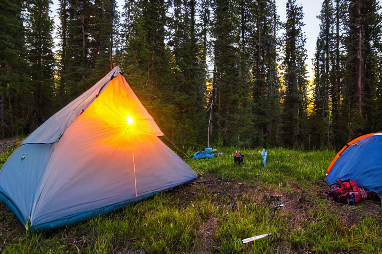 A cozy tent rests in a grassy Colorado campsite as sunrise light breaks through the stormy sky. A small campfire and scattered logs warm the dirt clearing, with a backpack nearby.