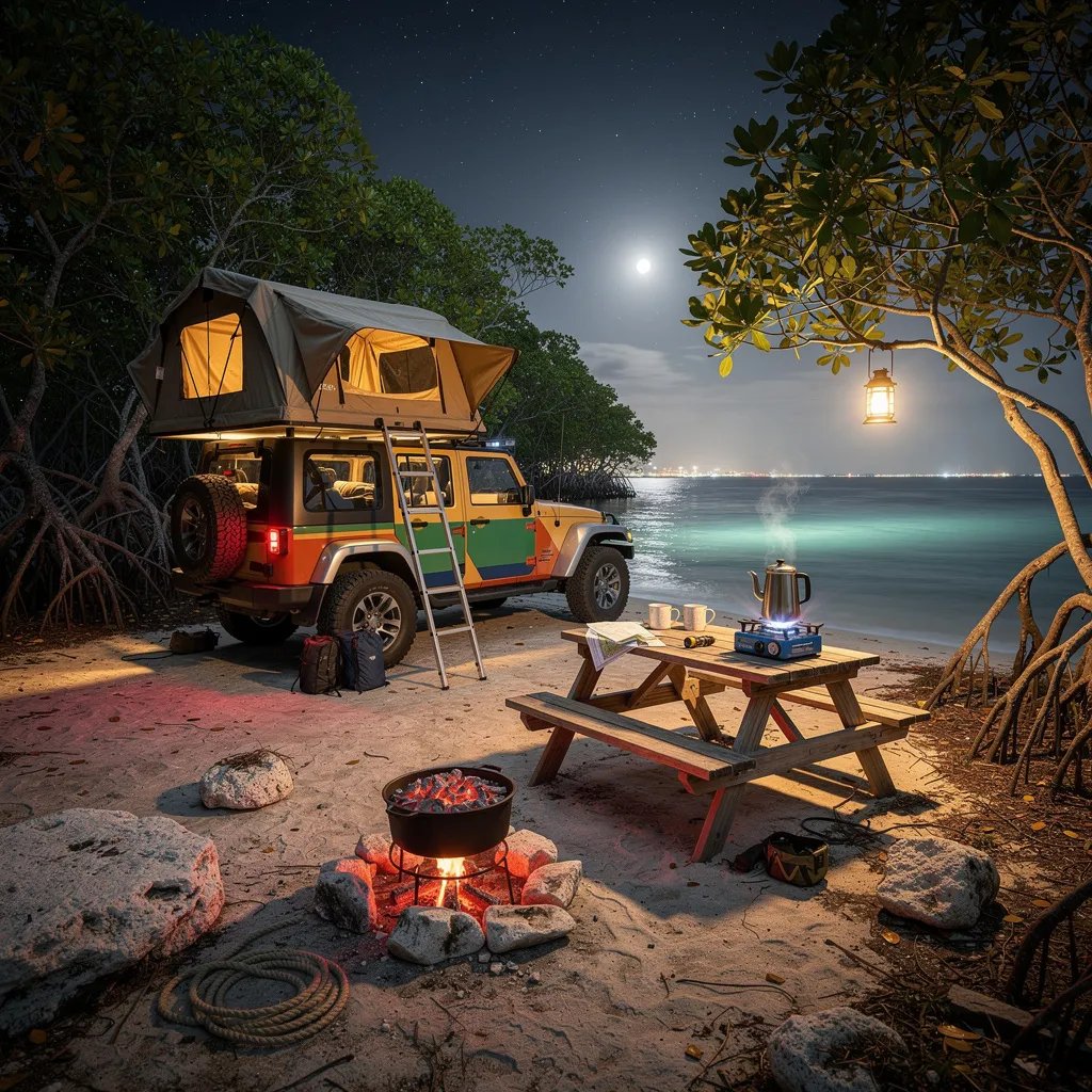 A quiet campsite sits by turquoise water, with mangroves and pale rocks along the shore. A colorful Jeep with a rooftop tent glows warmly in the cool, starry night. On the picnic table, a little stove makes coffee steam, and a dutch oven rests with hot coals on top. The air feels calm and misty, like a secret beach under the moon.