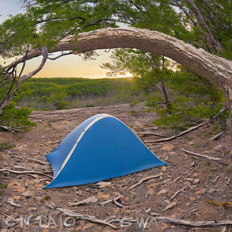 A bright blue tent rests on a dirt clearing in the Ozark hills. Large bushes, scattered stones, and snowy ground surround the camp, while hikers enjoy the quiet sunset. Layered mountains rise in the distance under the soft evening sky.