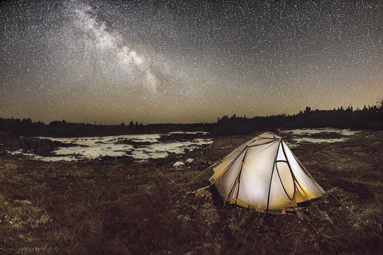 A cozy tent rests beside a warm campfire on the rocky coast of Maine. A clear, star-filled sky and distant moon shine through the fog, while a small stream winds through the campsite. Far away, a camper’s flashlight glows in the night.