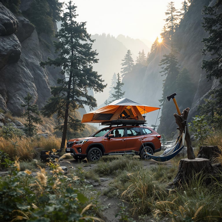 Nestled between towering mountains and tall pine trees, this cozy campsite catches the golden glow of the sunrise. An orange tent sits on top of a car, inviting adventure and stories by the fire. The peaceful atmosphere and the scent of pine make this spot perfect for a relaxing getaway.